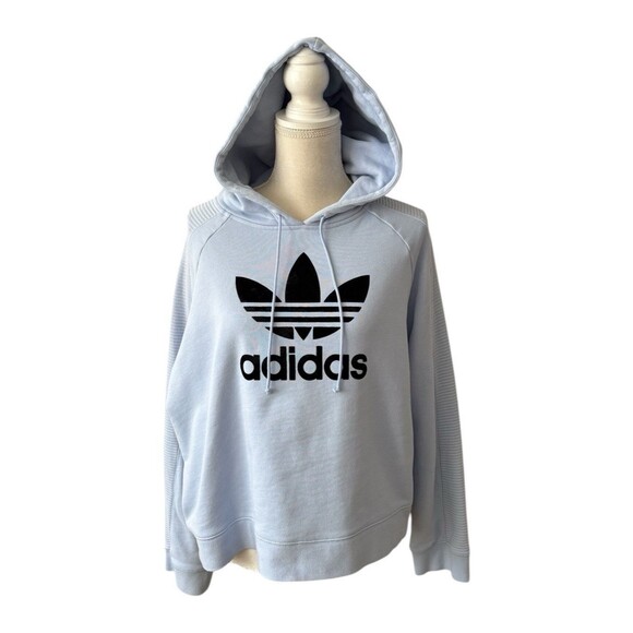 Adidas Cropped Hoodie Sweatshirt Women’s XL Lt Blue Trefoil Logo Black Velvet - Picture 1 of 14